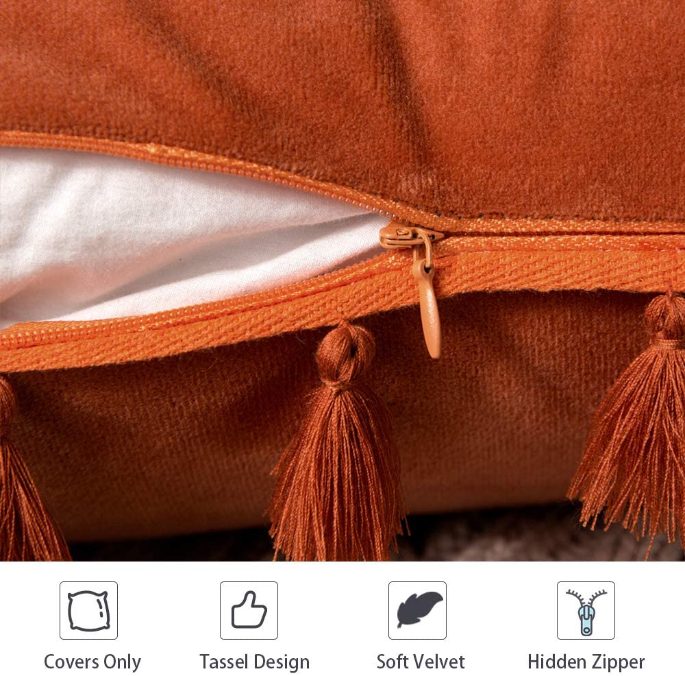 Pack of 2 Velvet Soft Solid Decorative Throw Pillows with Tassels Fringe Boho Accent Cushion for Couch Sofa Bed, Orange