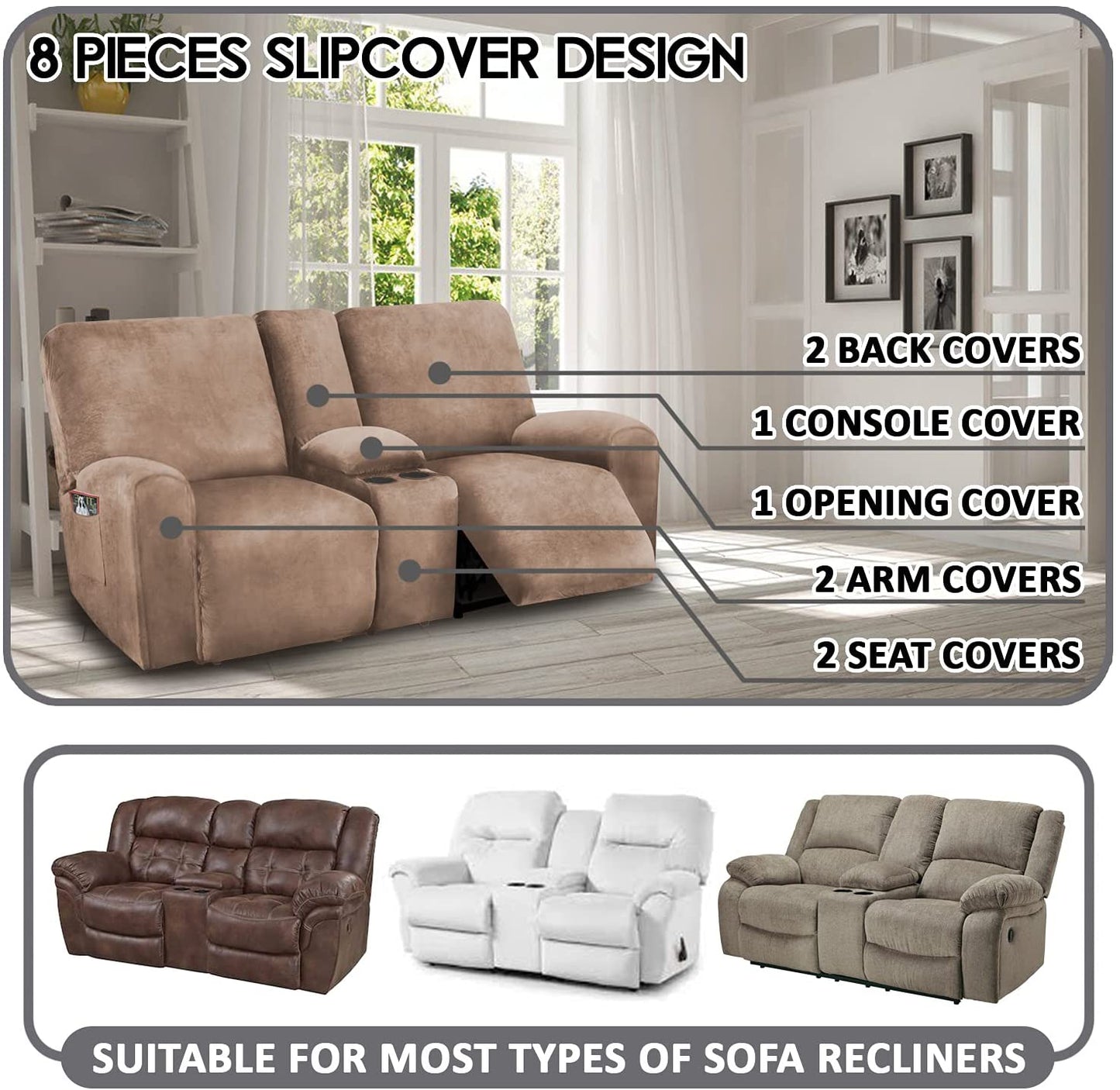 2 Seater with Middle Console Slipcover, Velvet Stretch Loveseat Reclining Sofa Covers, Thick, Soft, Washable, Sand