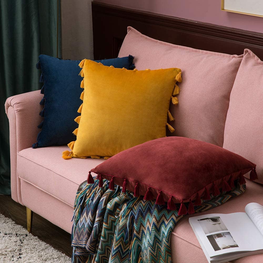 Pack of 2 Velvet Soft Solid Decorative Throw Pillows with Tassels Fringe Boho Accent Cushion Case for Couch Sofa Bed, Navy