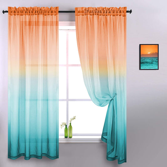 Ombre Sheer Curtains for Bedroom 2 Pieces Set Reversible Lemon Orange and Green
