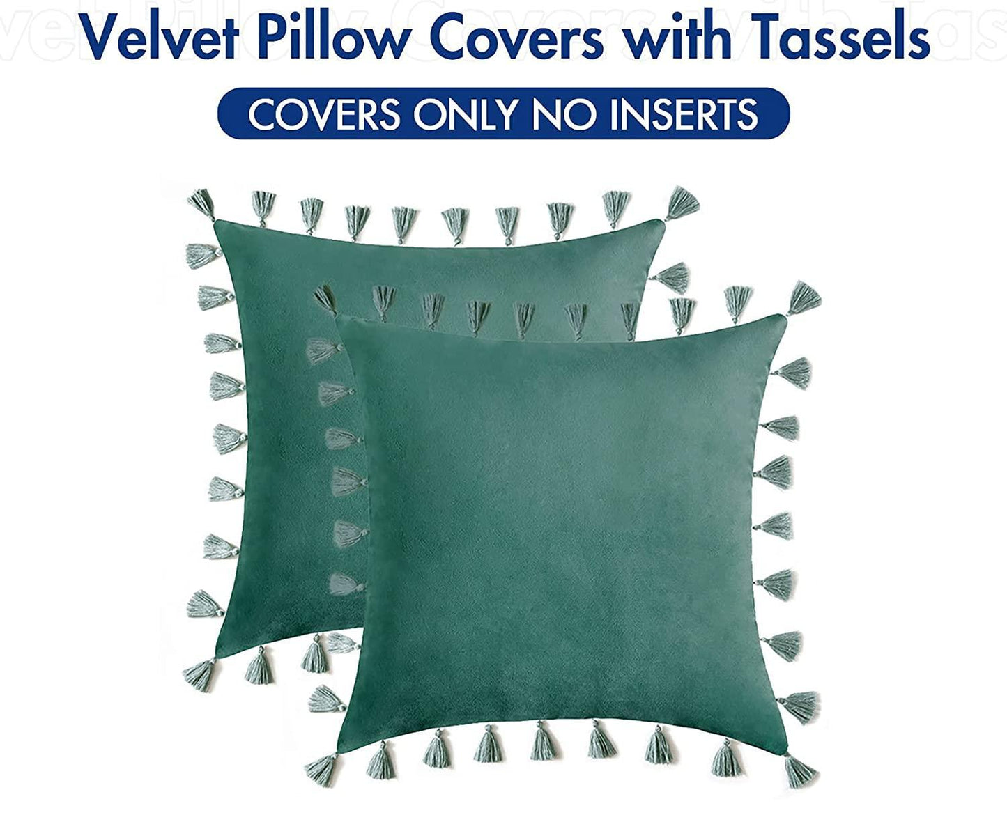 Pack of 2 Velvet Soft Solid Decorative Throw Pillows with Tassels Fringe Boho Accent Cushion Case for Couch Sofa Bed, Dark Green
