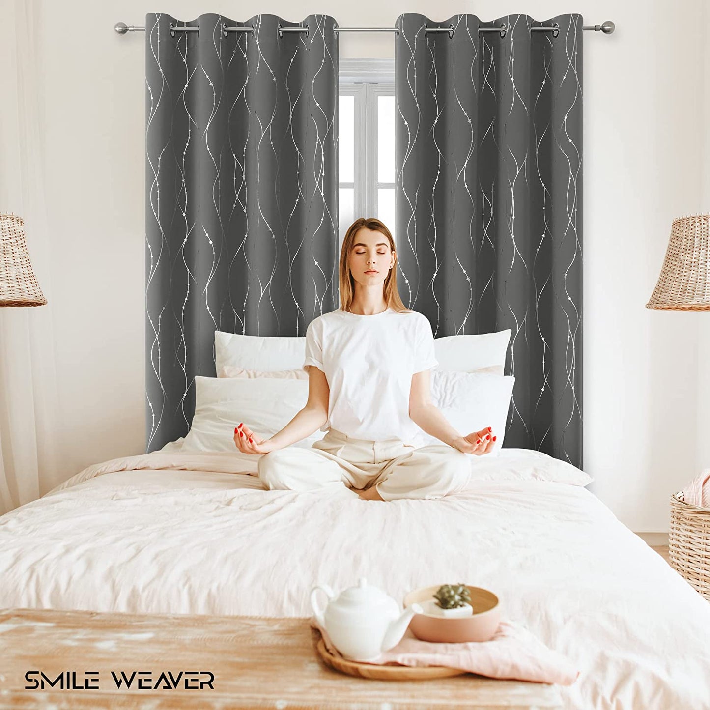 Grey Curtains Bedroom Silver Star Print Design Thermal Insulated Room Darkening Window Treatment Grommet Drapes for Living Room/Kids Game Room Set of 2 Panels