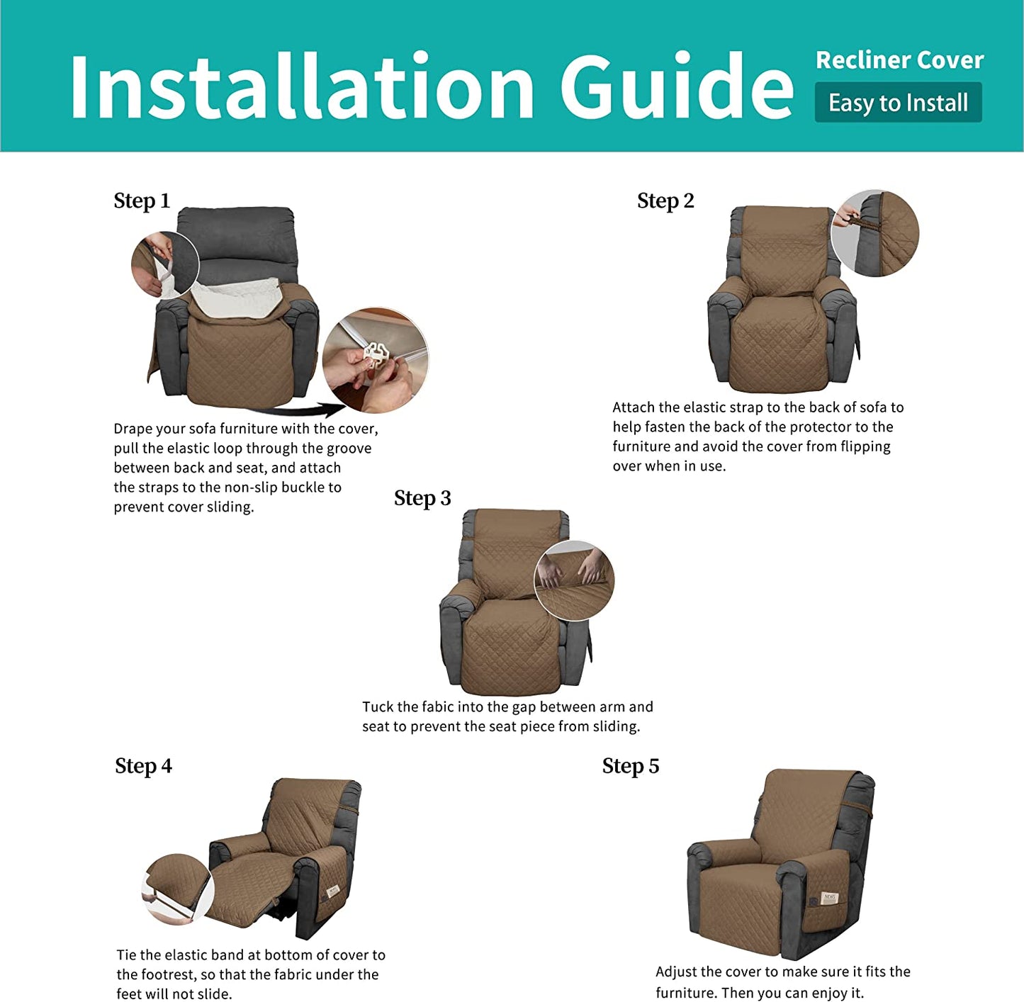 Recliner Sofa Cover with Pocket, Slipcovers Reversible Washable Elastic Adjustable Strap for home(3 Seater,Taupe）