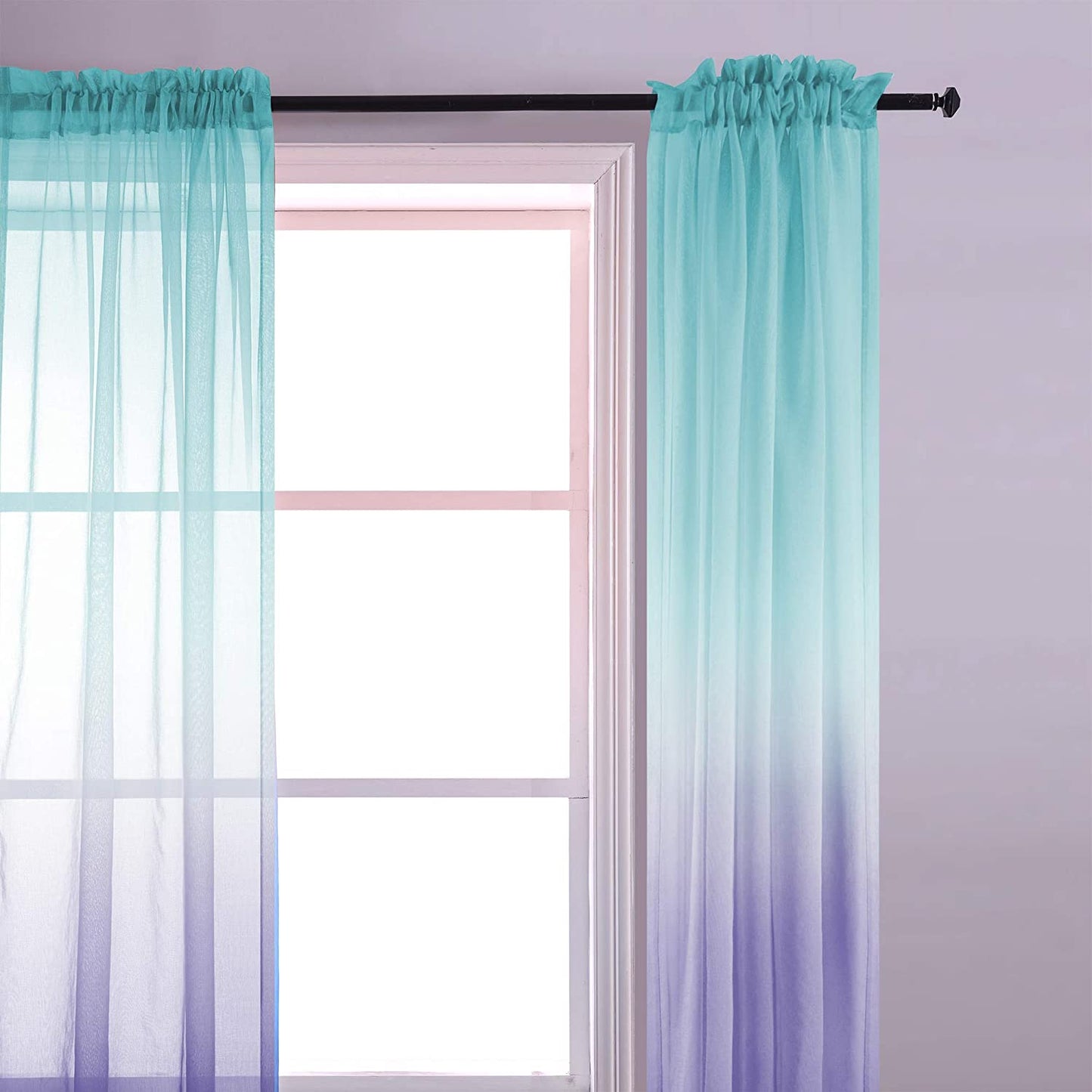 Ombre Sheer Curtains for Bedroom 2 Pieces Set Reversible for Living Room Lemon Green and Purple