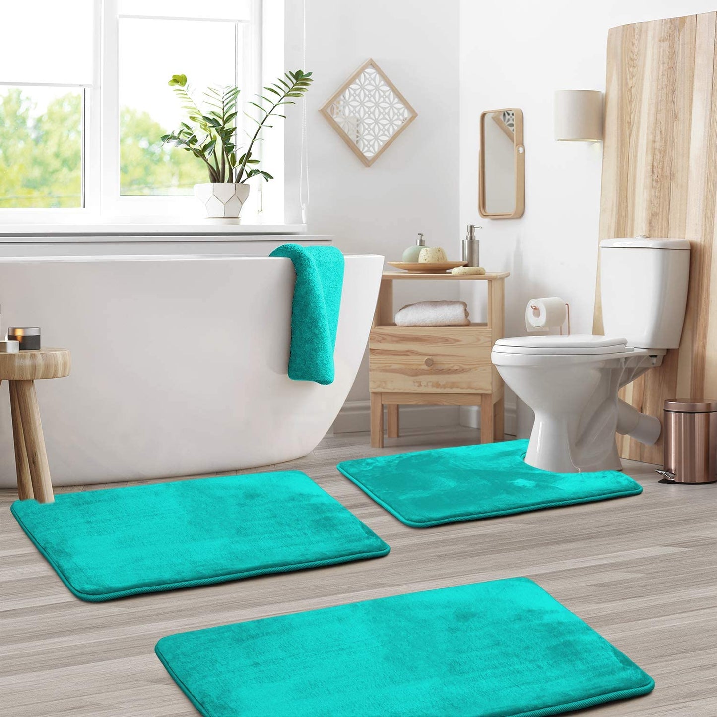Bathroom Rugs Memory Foam Bath Mat Set for Bathroom, Non Slip Absorbent Velvet - Fast Drying –Bathroom Rug and Contour Rug Set 3 Piece -Teal