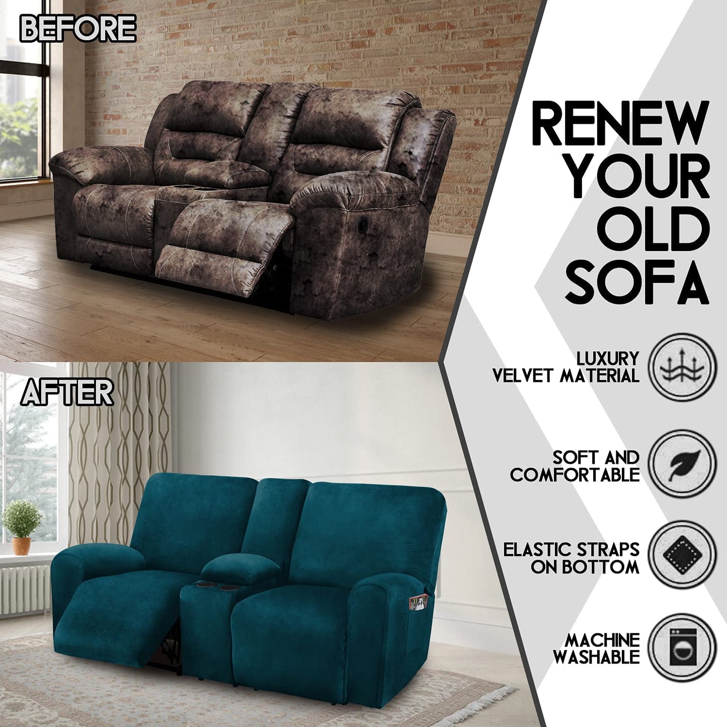 2 Seater with Middle Console Slipcover, Velvet Stretch Loveseat Reclining Sofa Covers, Thick, Soft, Washable, Deep Teal