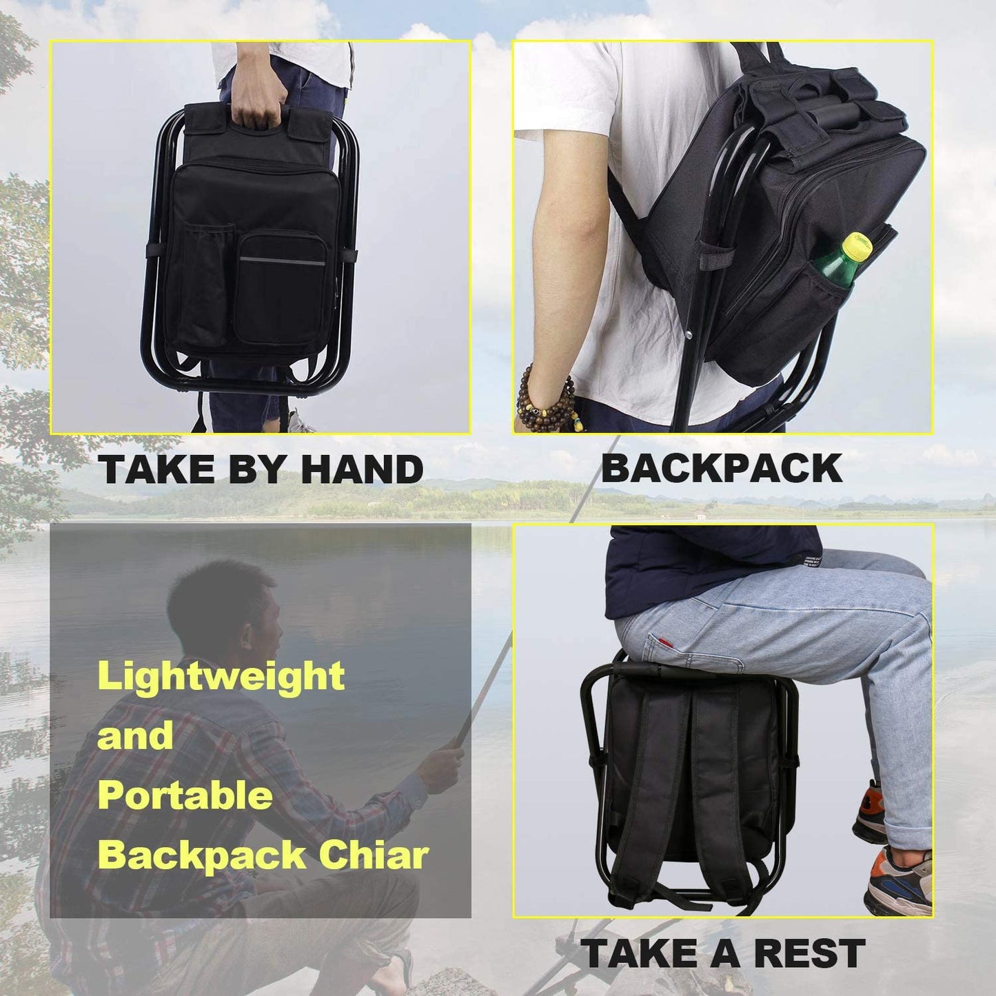 Backpack Cooler Chair ,Portable Folding Seat Stool, Lightweight Fishing Stool Outdoor Gear for Camping, Travel, Hiking, Beach, Picnic,400 LBS Capacity(Black)