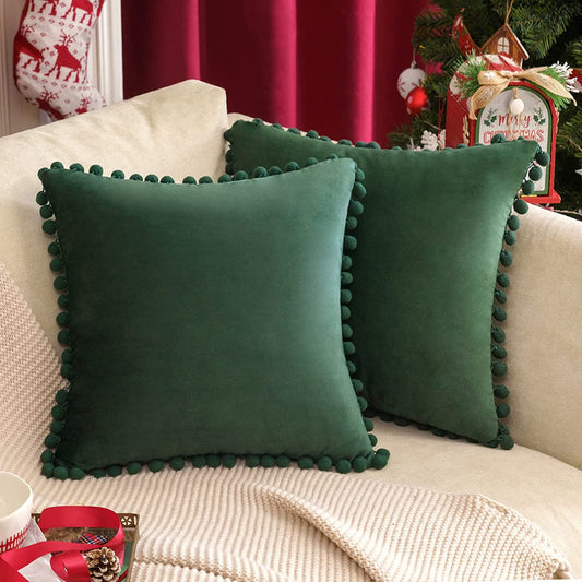 2x  Square Throw Pillows with Cute Pom-poms for Couch Sofa Bedroom Decor (Inserts + Pillow Covers,  Dark Green)