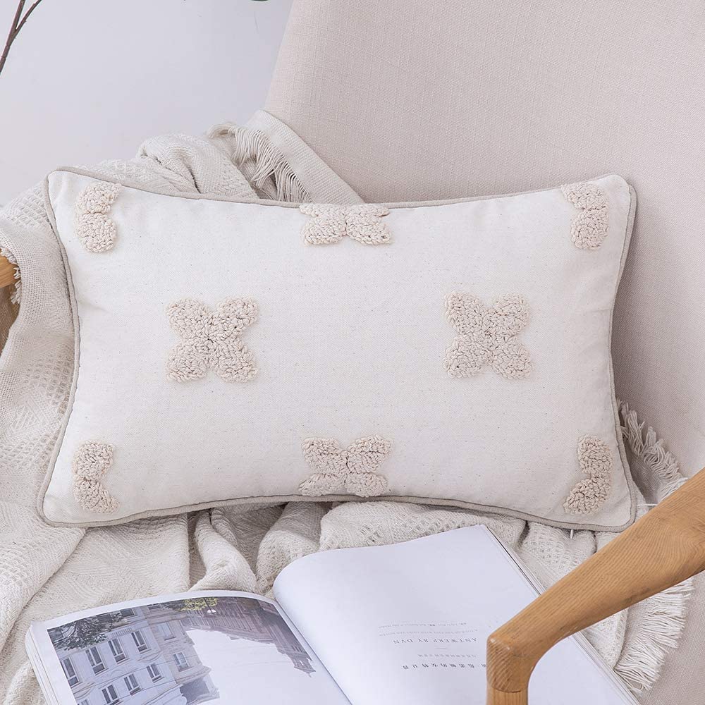 Decorative Throw Pillow Cover Tribal Boho Woven Tufted Lumbar Pillowcase Soft Cushion Set of 2 (Inserts + Pillow Covers,Yotsuba)