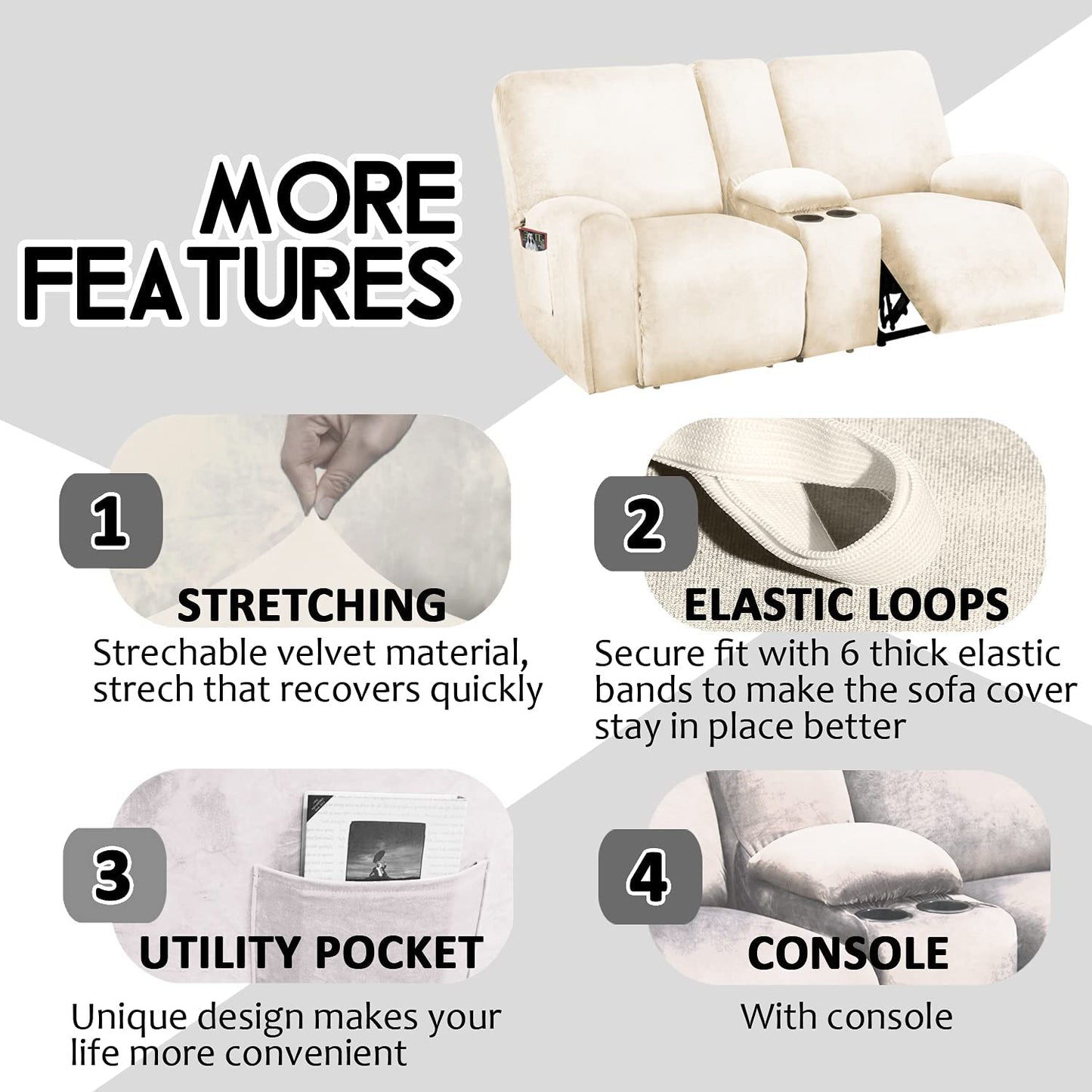 2 Seater with Middle Console Slipcover, Velvet Stretch Loveseat Reclining Sofa Covers, Thick, Soft, Washable, Ivory