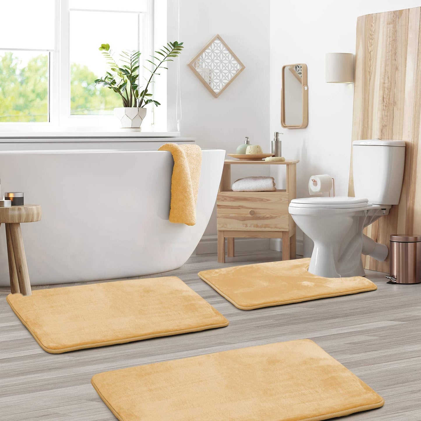 Bathroom Rugs Memory Foam Bath Mat Set for Bathroom, Non Slip Absorbent Velvet - Fast Drying –Bathroom Rug and Contour Rug Set 3 Piece -Beige