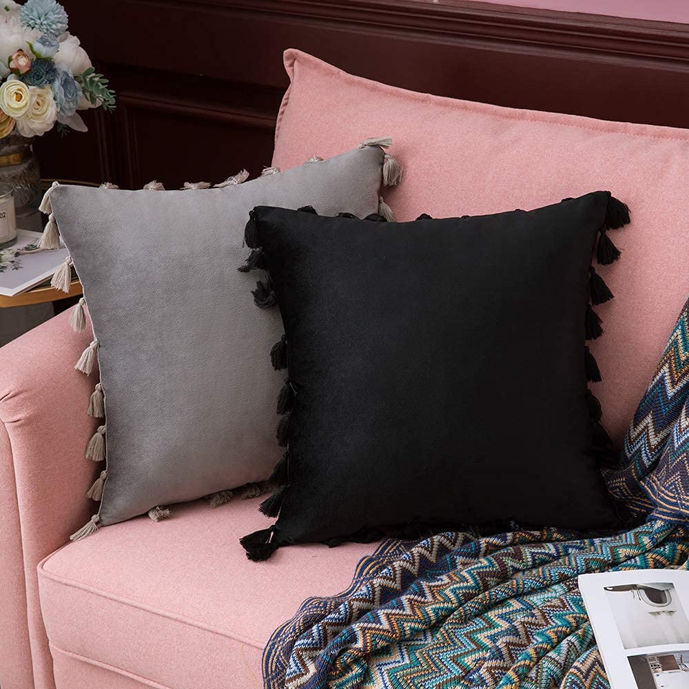 Pack of 2 Velvet Soft Solid Decorative Throw Pillows with Tassels Fringe Boho Accent Cushion for Couch Sofa Bed, Grey