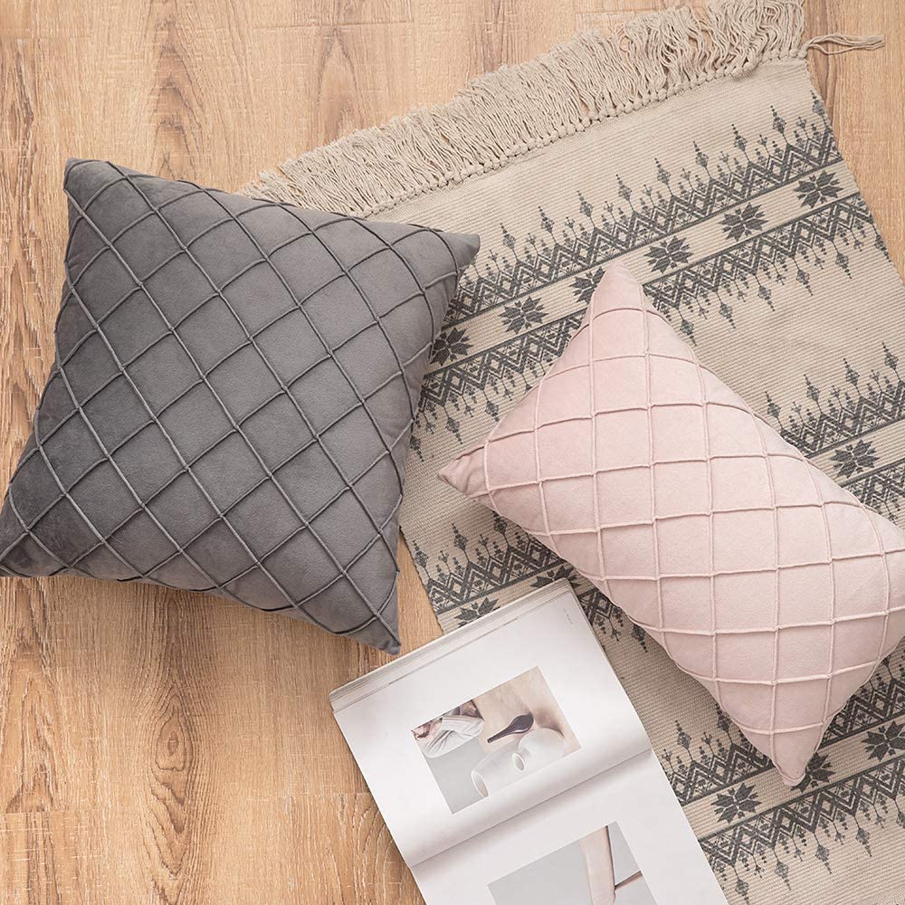 Velvet Throw Pillow Square Soft Couch Pillows Set of 2 (Inserts + Pillow Covers, Grey)