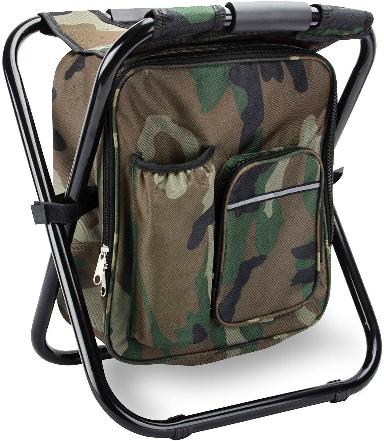 Folding Stool Backpack Insulated Cooler Bag, Collapsible Camping Hunting Fishing Multifunction Chair with Front Pocket and Bottle Pocket for Outdoor Events, Hiking, Travel, Beach