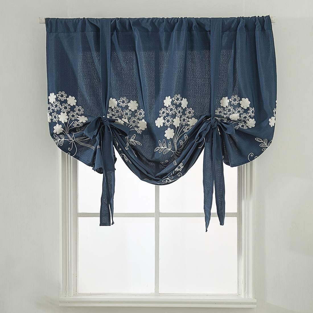 Floral Embroidered Farmhouse Tie Up Shade Curtain Rod Pocket 1 Piece, Navy
