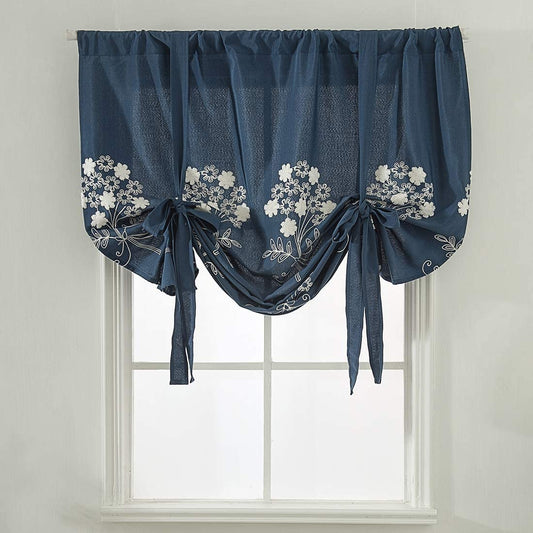 Floral Embroidered Farmhouse Tie Up Shade Curtain Rod Pocket 1 Piece, Navy