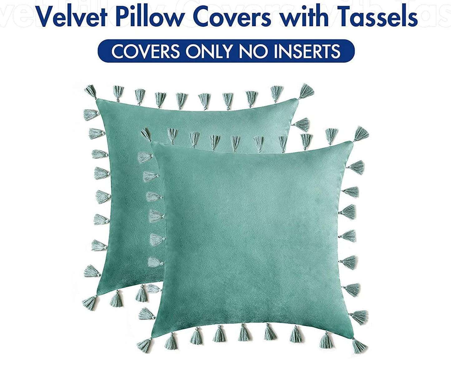 Pack of 2 Velvet Soft Solid Decorative Throw Pillows with Tassels Fringe Boho Accent Cushion for Couch Sofa Bed, Aqua Green