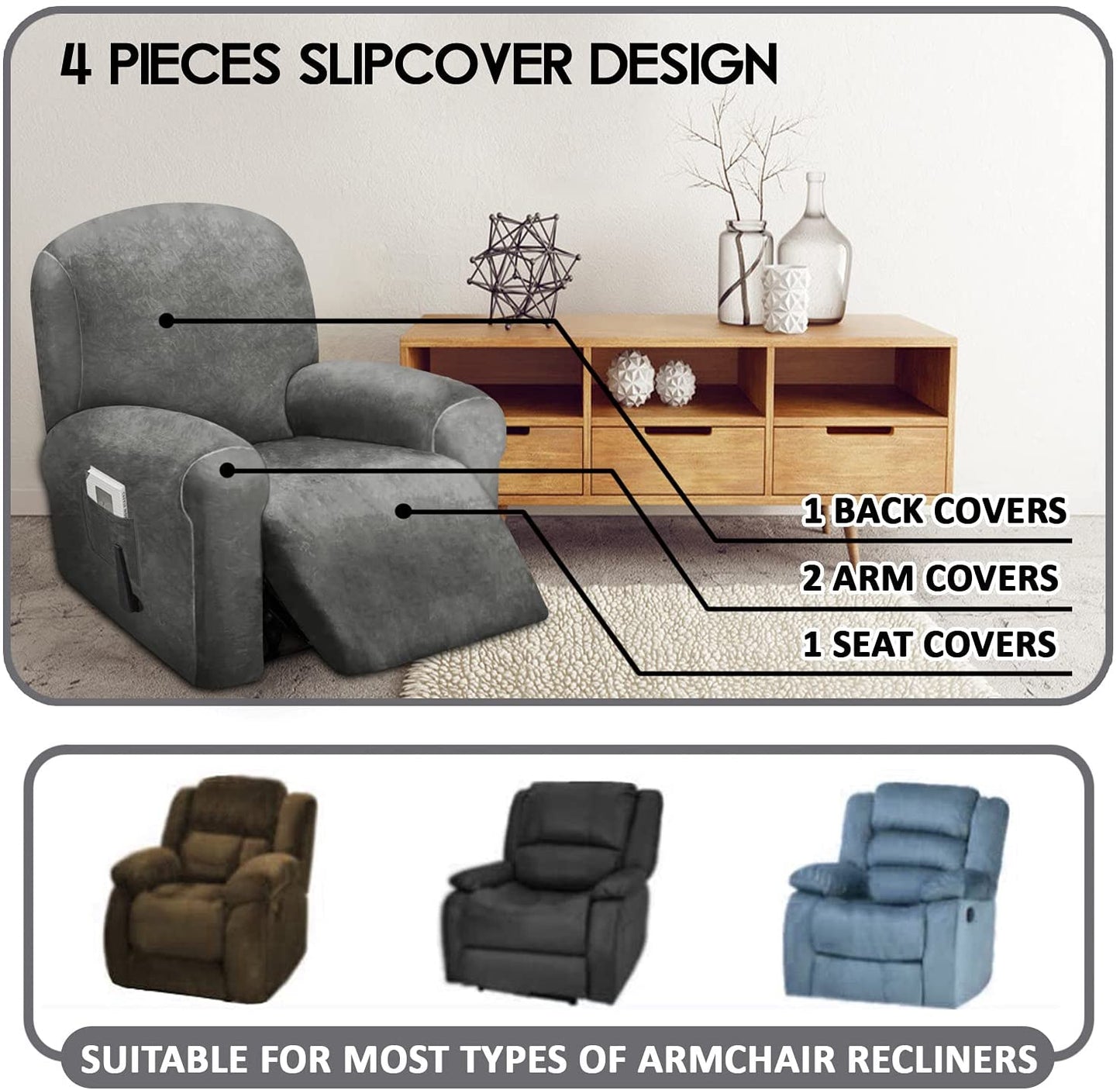 1 Seat Recliner Cover, Velvet Stretch Reclining Chair Covers for 1 Cushion Reclining Sofa, Single Seat Recliner Couch Cover, Thick, Very Soft, Machine Washable, Grey
