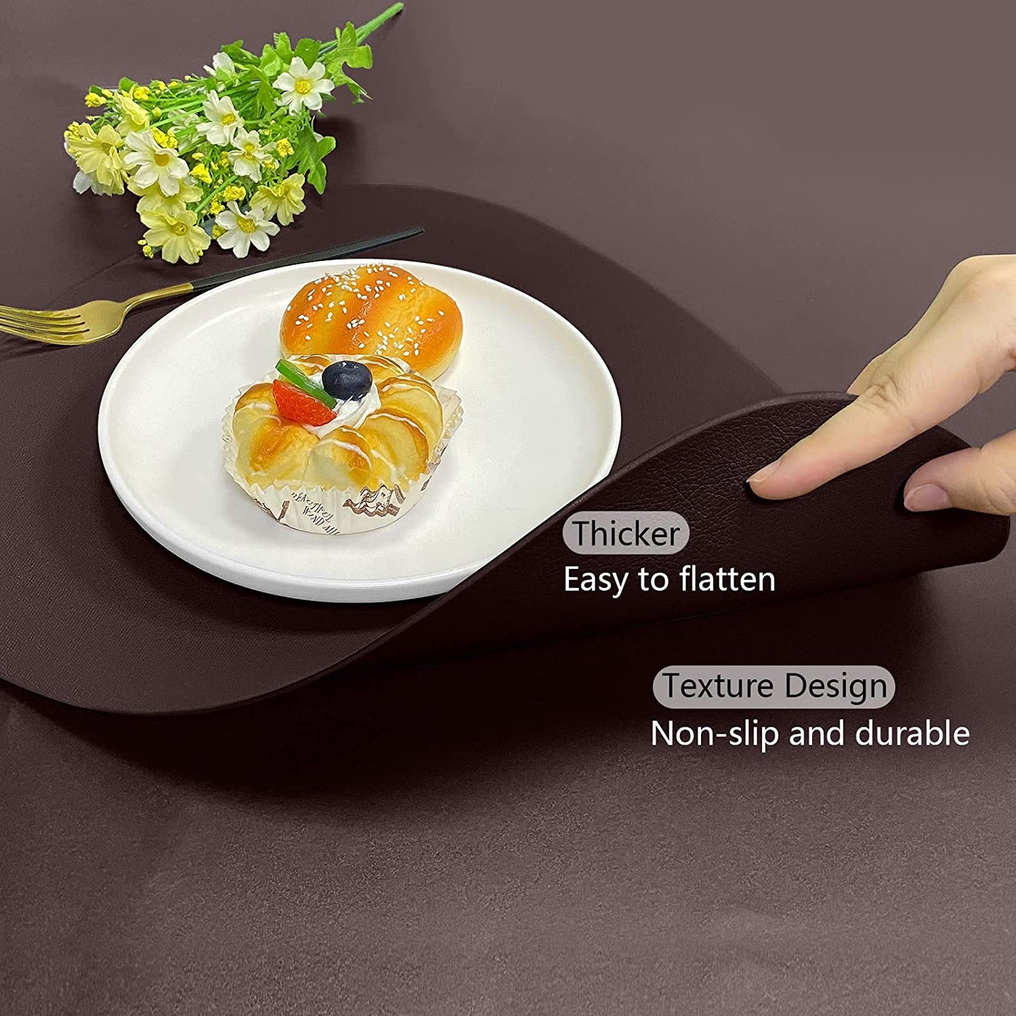 Cozy Life Modern Placemats Set of 4/6/8, Round Leather Placemats for Kitchen Dining Table, Heat Resist Easy to Clean Oval placemats(Brown)