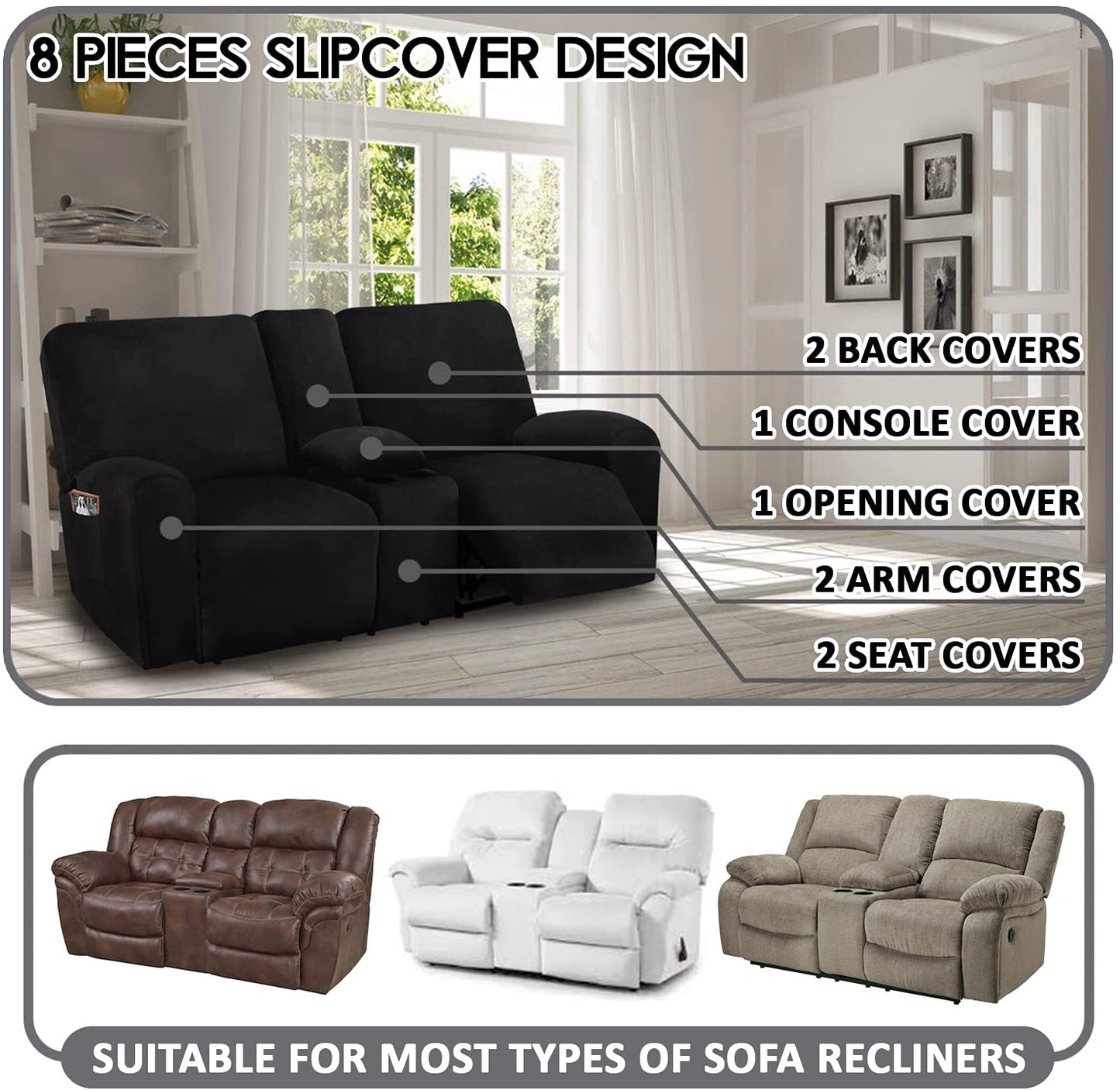 2 Seater with Middle Console Slipcover, Velvet Stretch Loveseat Reclining Sofa Covers, Thick, Soft, Washable, Black