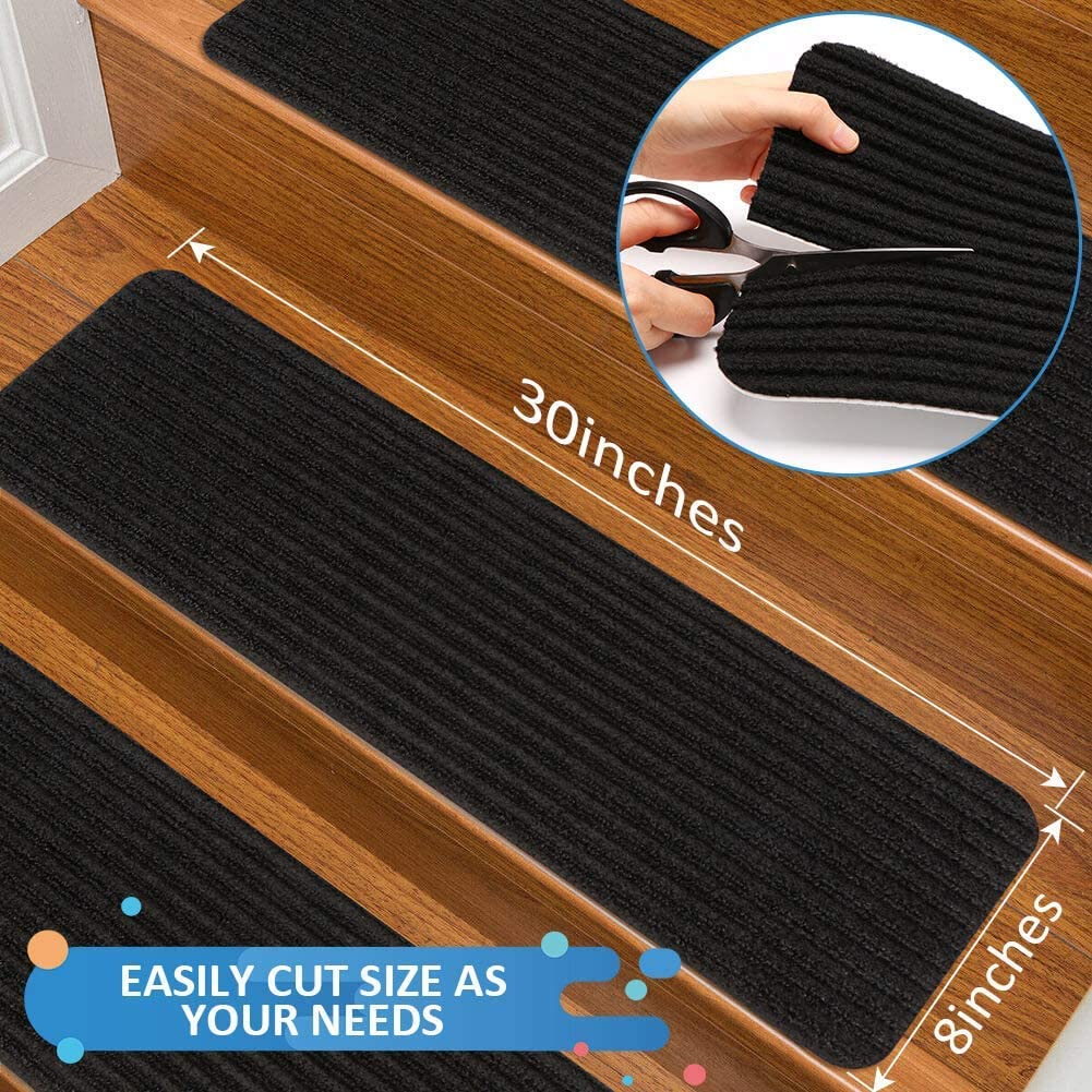Stair Treads Carpet Non-Slip Indoor Stair Runners for Wooden Steps, Stair Rugs for Kids and Dogs, Set of 15, 8" X 30", Black