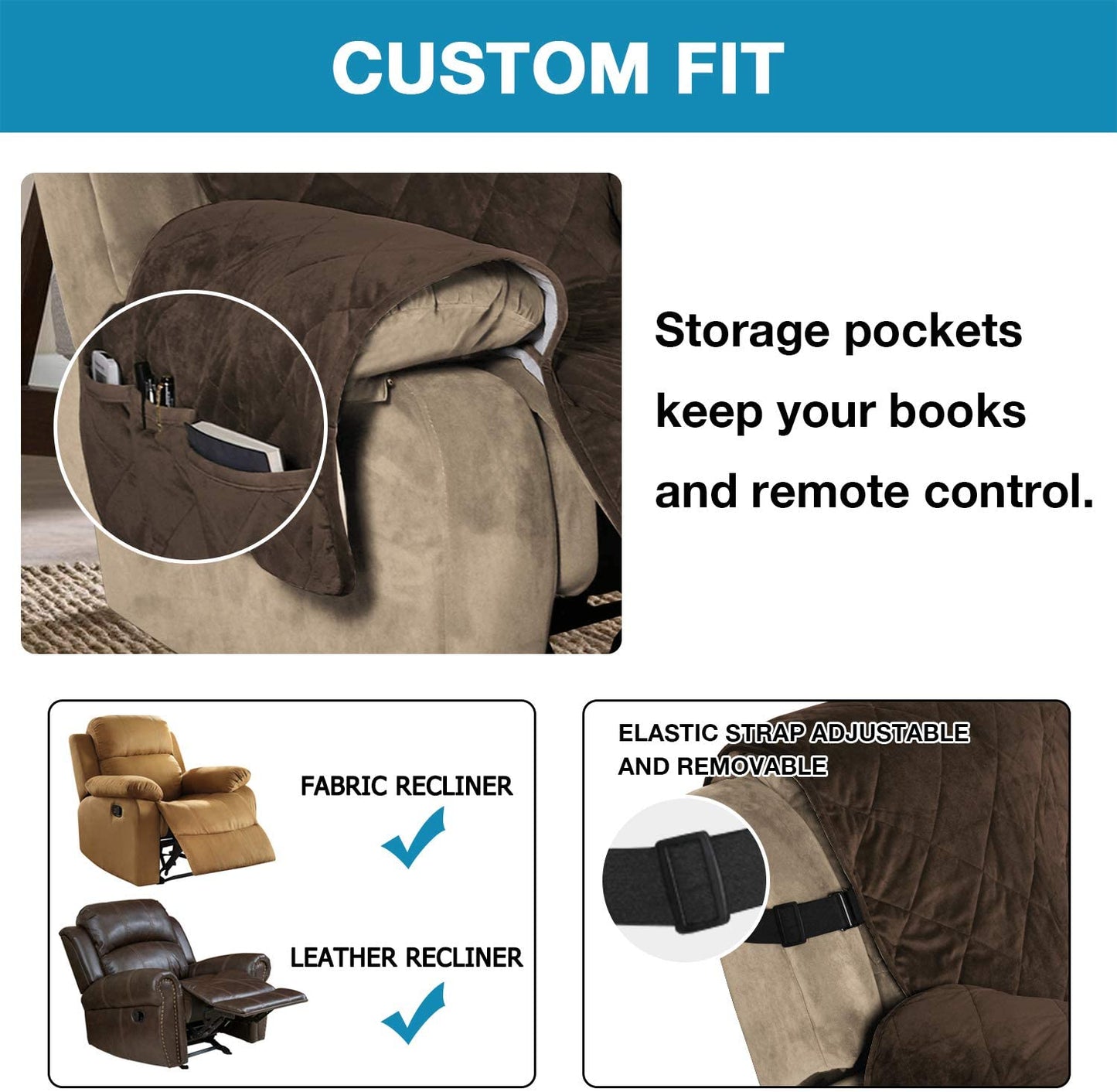 Recliner Covers Velvet Slip Resistant Recliner Sofa Slipcover Seat  Couch Furniture Protector with Elastic Straps Recliner Cover - Brown