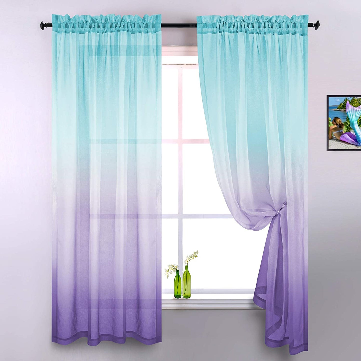 Ombre Sheer Curtains for Bedroom 2 Pieces Set Reversible for Living Room Lemon Green and Purple