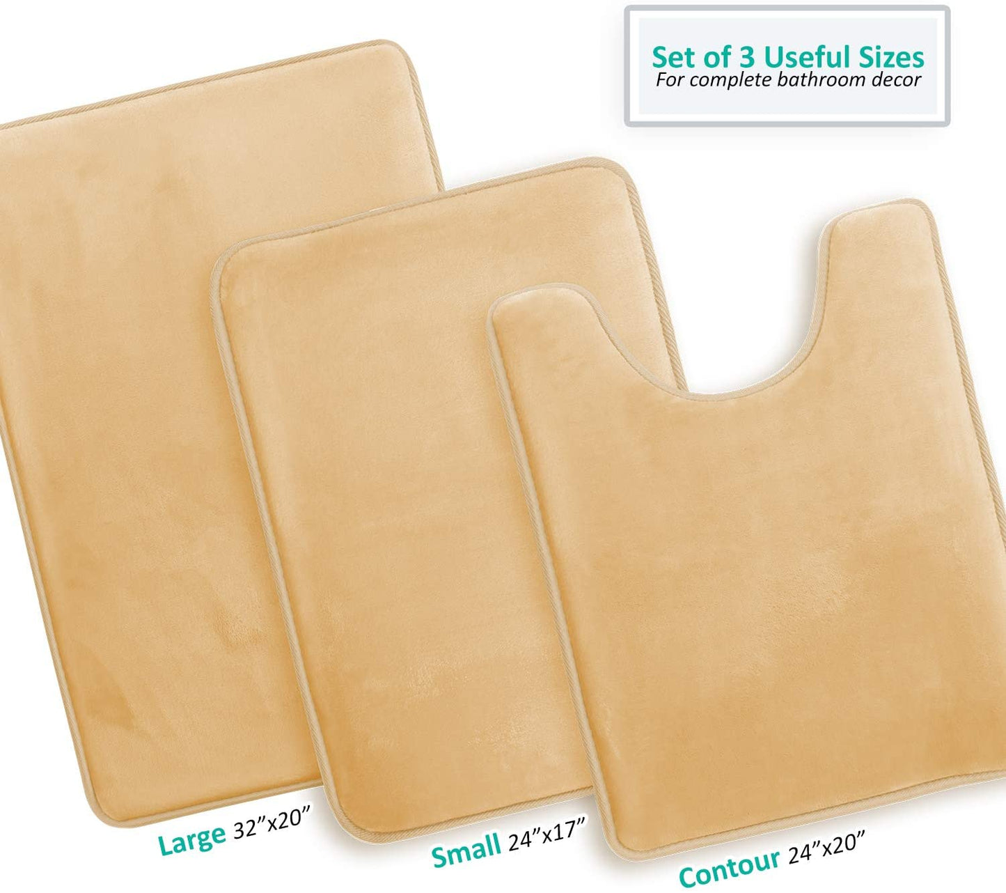 Bathroom Rugs Memory Foam Bath Mat Set for Bathroom, Non Slip Absorbent Velvet - Fast Drying –Bathroom Rug and Contour Rug Set 3 Piece -Beige