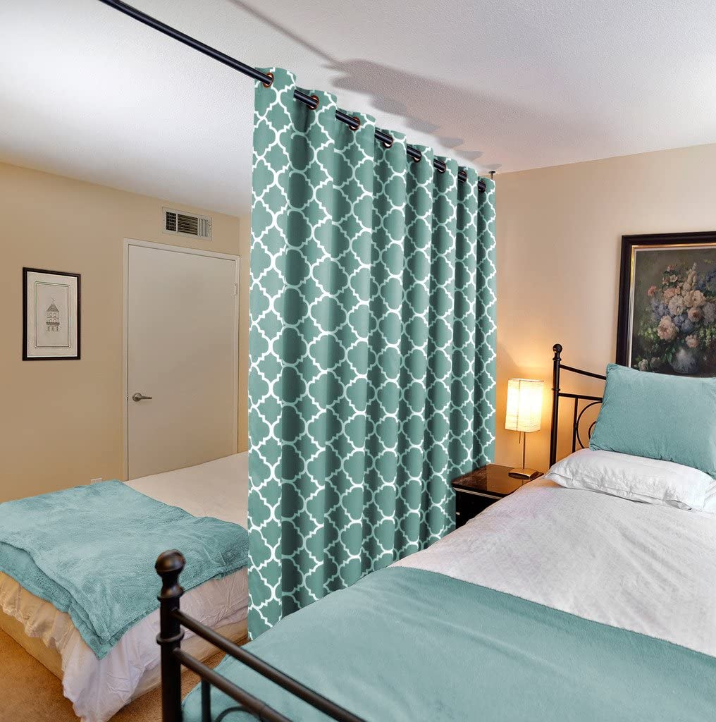 Extra Wide Curtain for Sliding Glass Door Moroccan Tile Quatrefoil Pattern, Aqua and White