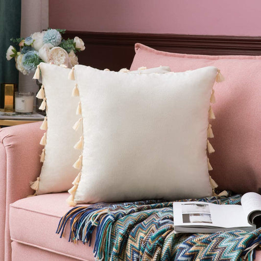 Pack of 2 Velvet Soft Solid Decorative Throw Pillows with Tassels Fringe Boho Accent Cushion for Couch Sofa Bed, Ivory