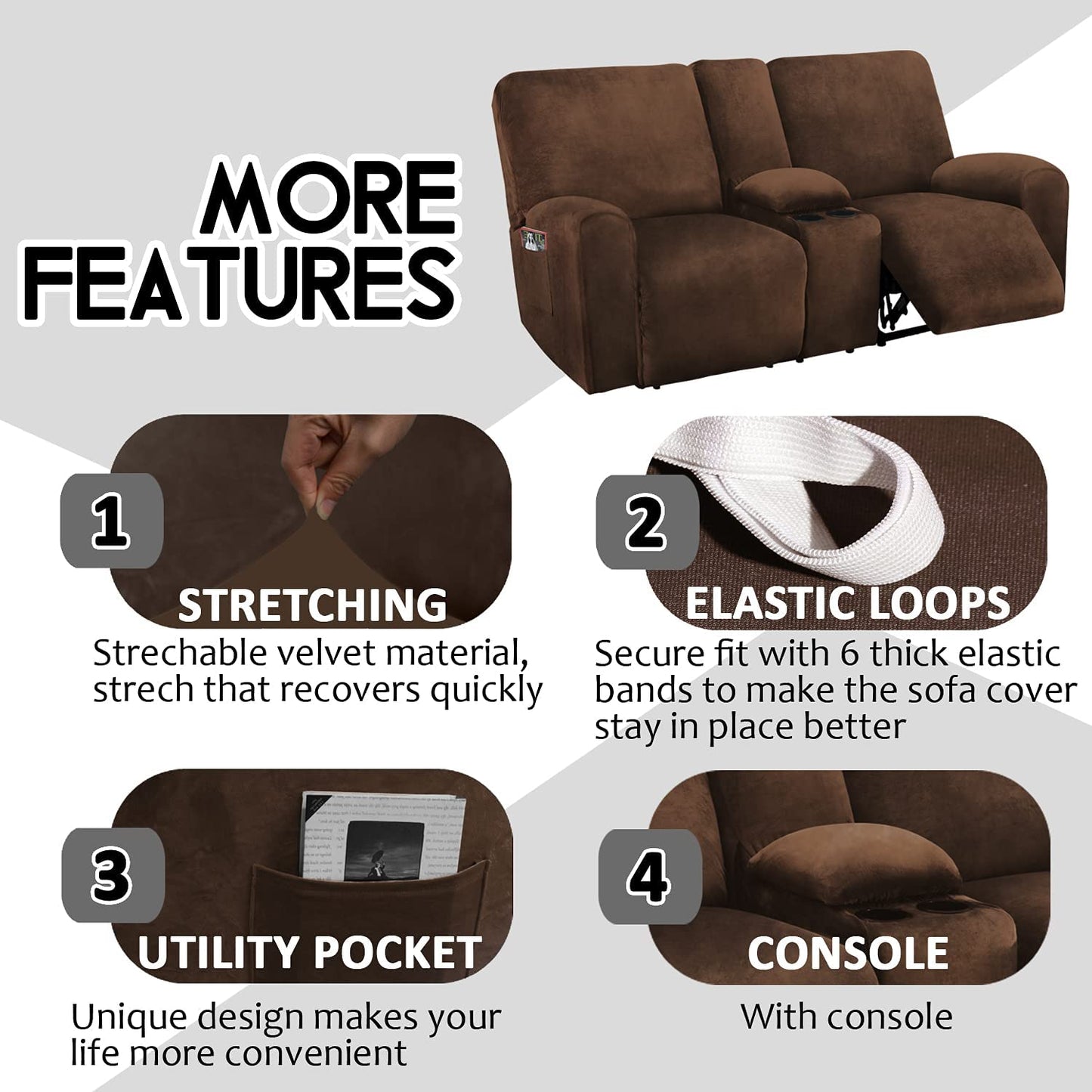 2 Seater with Middle Console Slipcover, Velvet Stretch Loveseat Reclining Sofa Covers, Thick, Soft, Washable, Brown