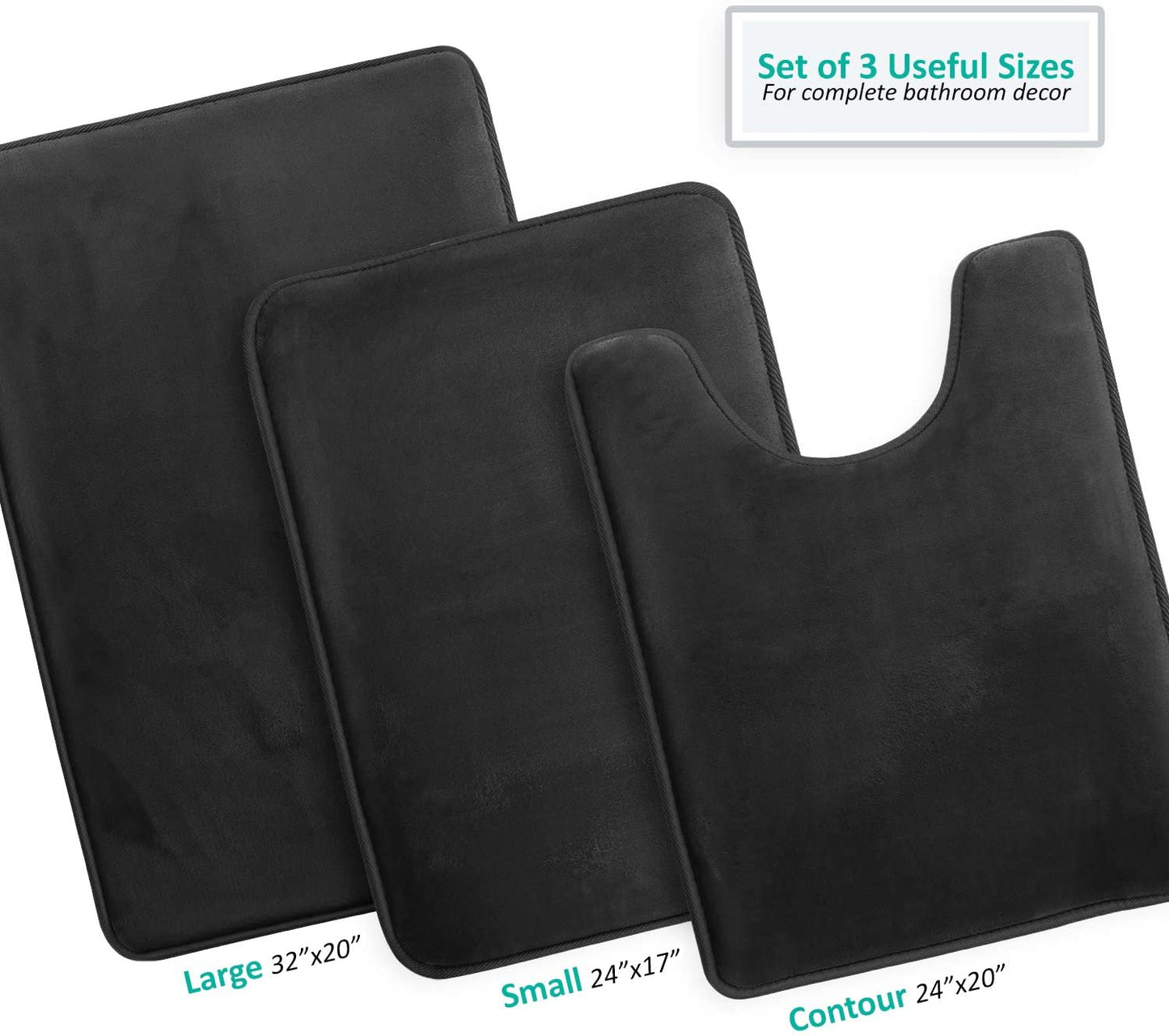 Bathroom Rugs Memory Foam Bath Mat Set for Bathroom, Non Slip Absorbent Velvet - Fast Drying –Bathroom Rug and Contour Rug Set 3 Piece - Black
