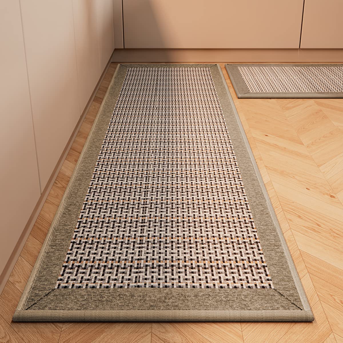 Kitchen Rugs and Mats Non Skid Washable Absorbent Kitchen Runner Rugs Sets of 2 Comfort Weave Kitchen Floor Mats for in Front of Sink Kitchen Hallway Laundry Room, Beige