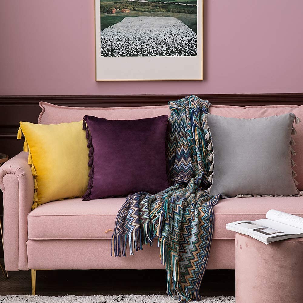 Pack of 2 Velvet Soft Solid Decorative Throw Pillows with Tassels Fringe Boho Accent Cushion for Couch Sofa Bed, Purple