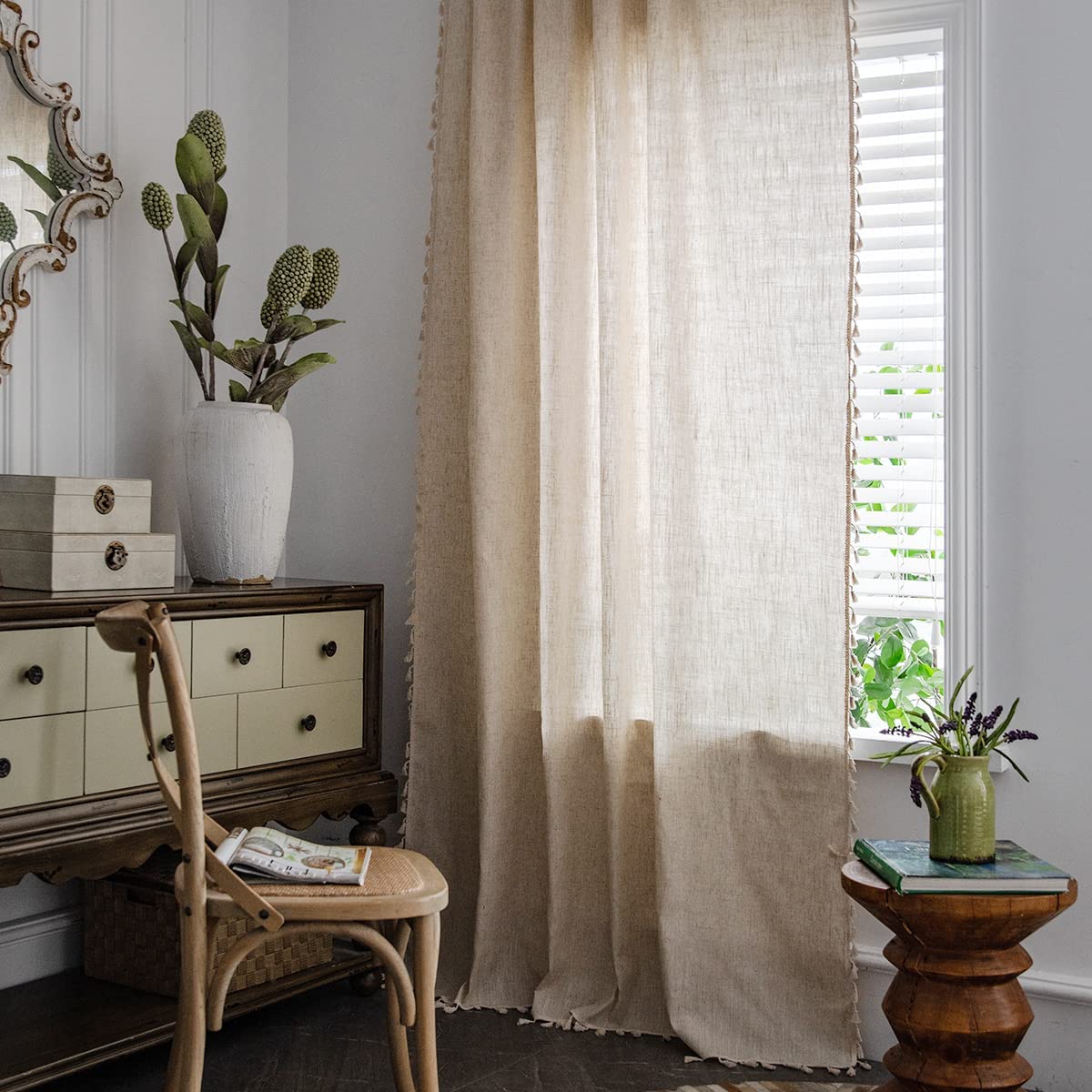 Boho Windows Sheer Curtains Crochet Vintage Cotton Tassel Window Curtains Panels for Bedroom Living Room (Linen Textured, Set of 2 Pieces)