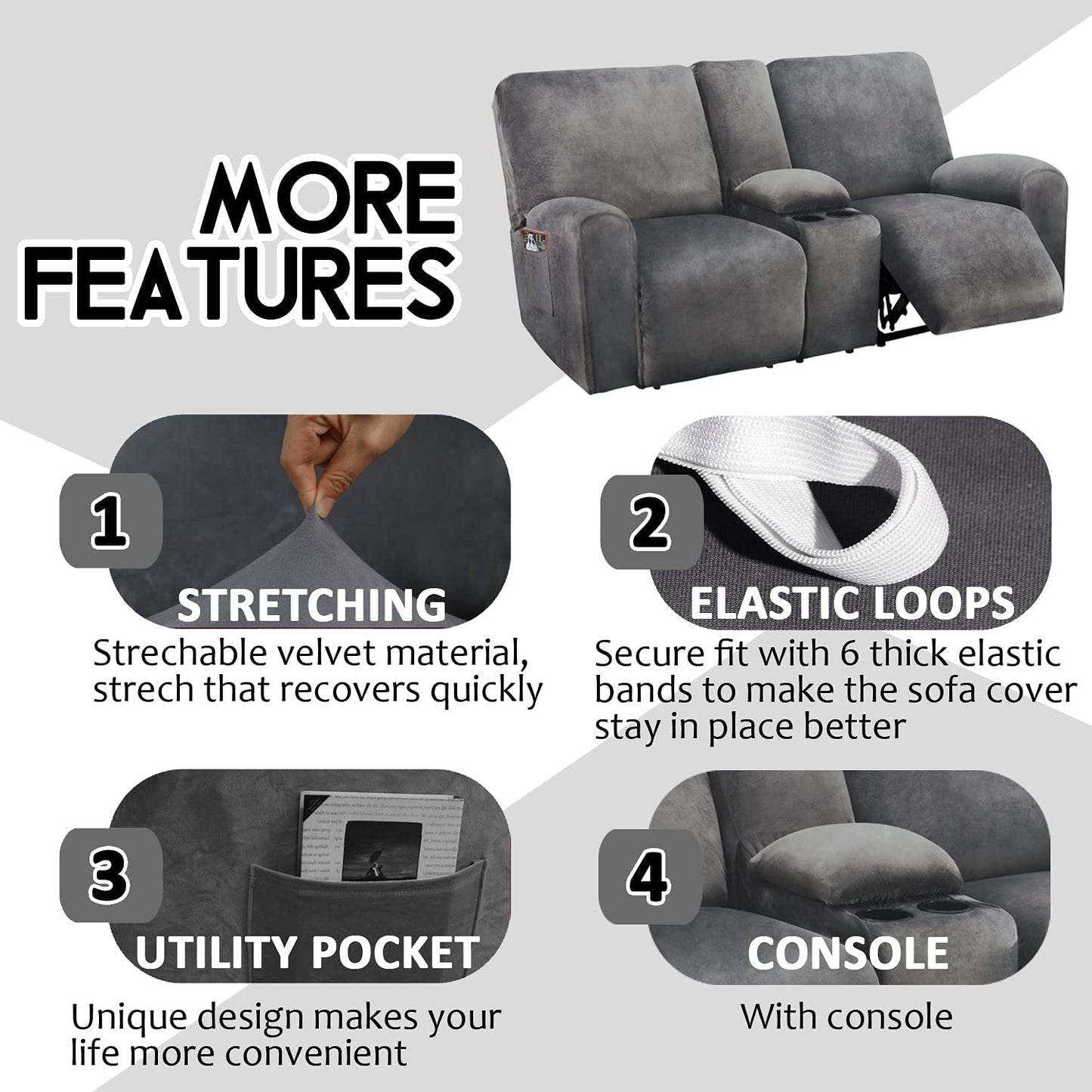 2 Seater with Middle Console Slipcover, Velvet Stretch Loveseat Reclining Sofa Covers, Thick, Soft, Washable, Grey
