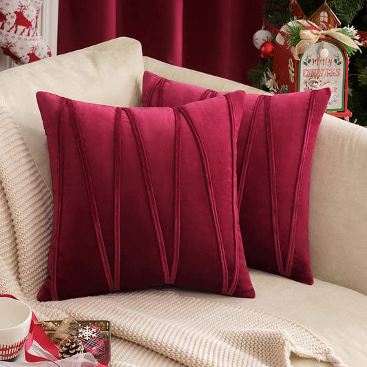 2x Velvet Throw Pillows for Couch Bed Sofa (Inserts + Pillow Covers,  Wine Red)