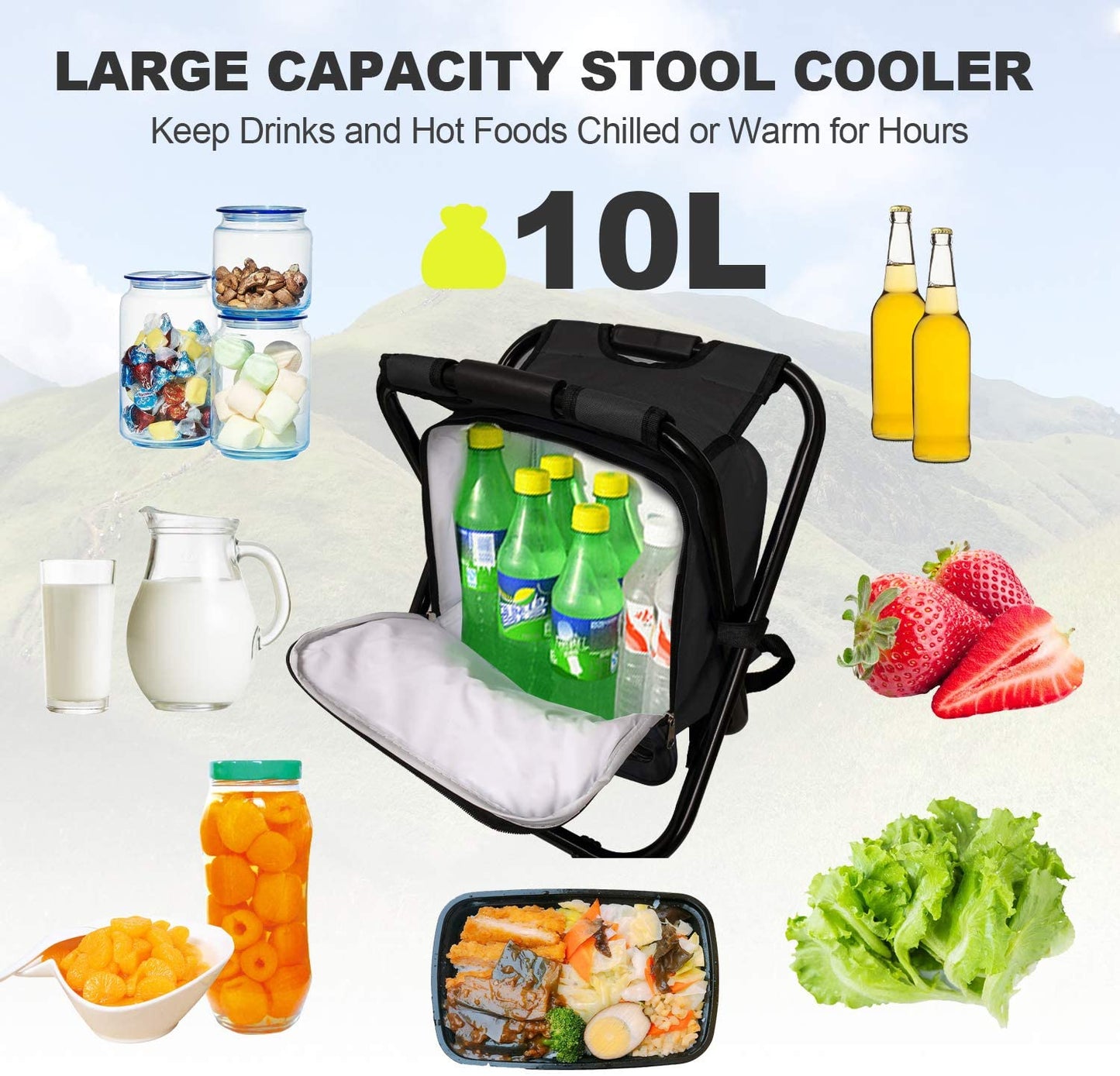Backpack Cooler Chair ,Portable Folding Seat Stool, Lightweight Fishing Stool Outdoor Gear for Camping, Travel, Hiking, Beach, Picnic,400 LBS Capacity(Black)