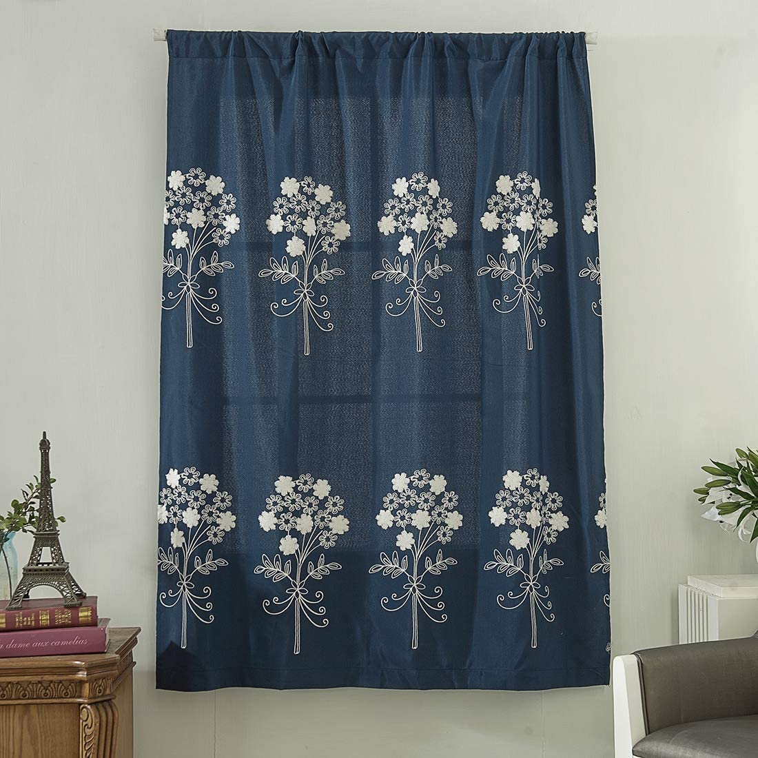 Floral Embroidered Farmhouse Tie Up Shade Curtain Rod Pocket 1 Piece, Navy