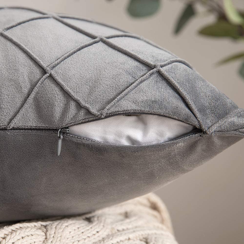 Velvet Throw Pillow Square Soft Couch Pillows Set of 2 (Inserts + Pillow Covers, Grey)