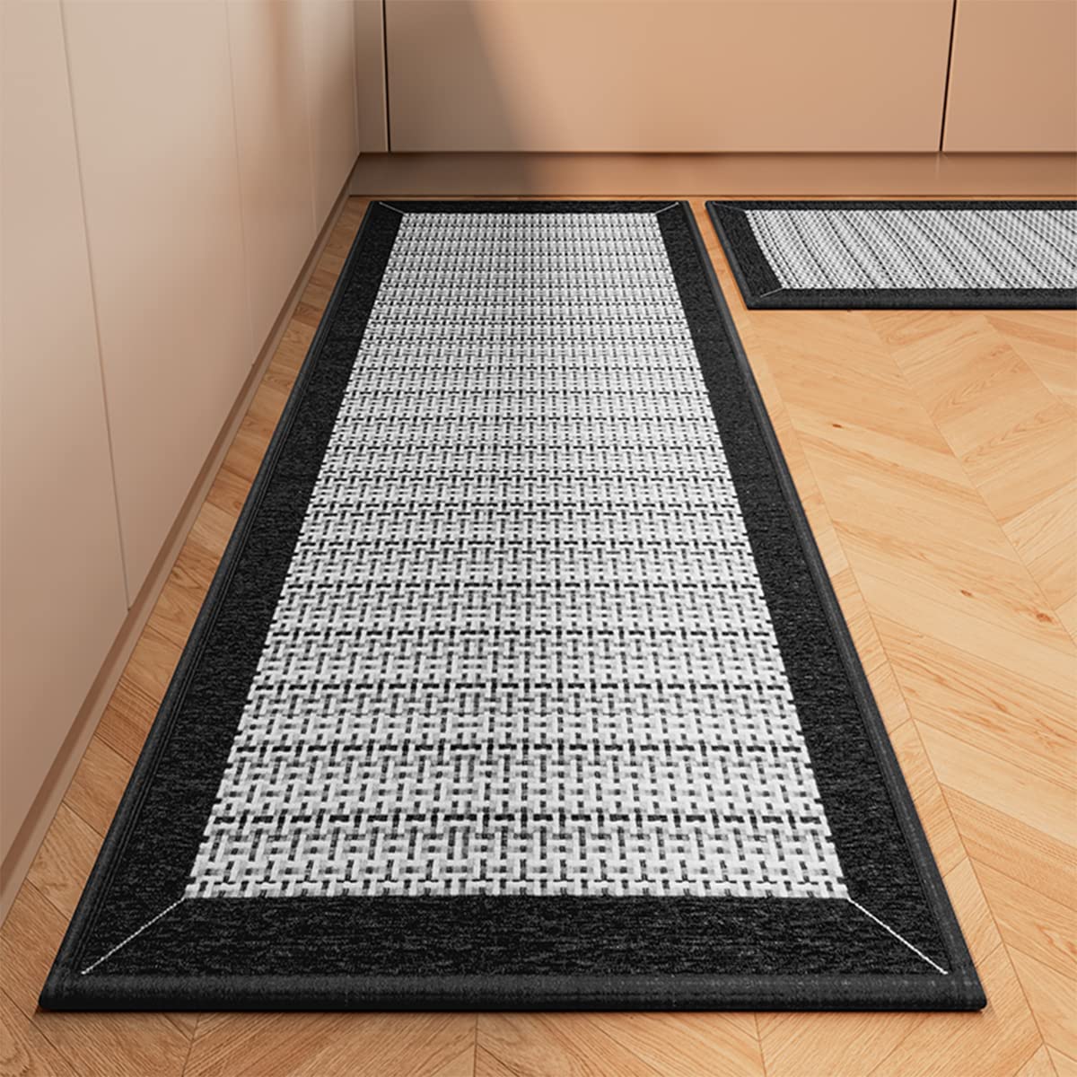 Kitchen Rugs and Mats Non Skid Washable Absorbent Kitchen Runner Rugs Sets of 2 Comfort Weave Kitchen Floor Mats for in Front of Sink Kitchen Hallway Laundry Room, Black