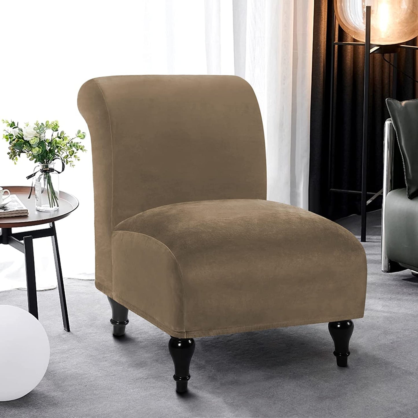 Armless Velvet Accent Chair Slipcover High Stretch Chair Covers with Elastic Bottom Removable Chair Slipcover Without Arms for Living Room Hotel, Taupe