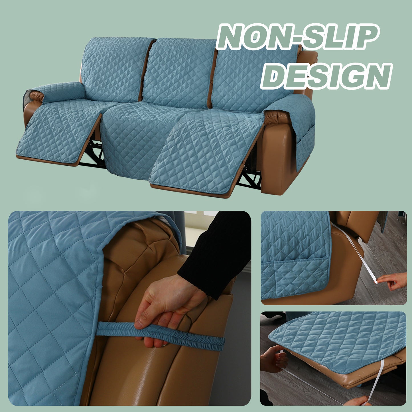 Recliner Sofa Cover with Pocket, Slipcovers Reversible Washable Elastic Adjustable Strap for home(2 Seater,Gray Blue)