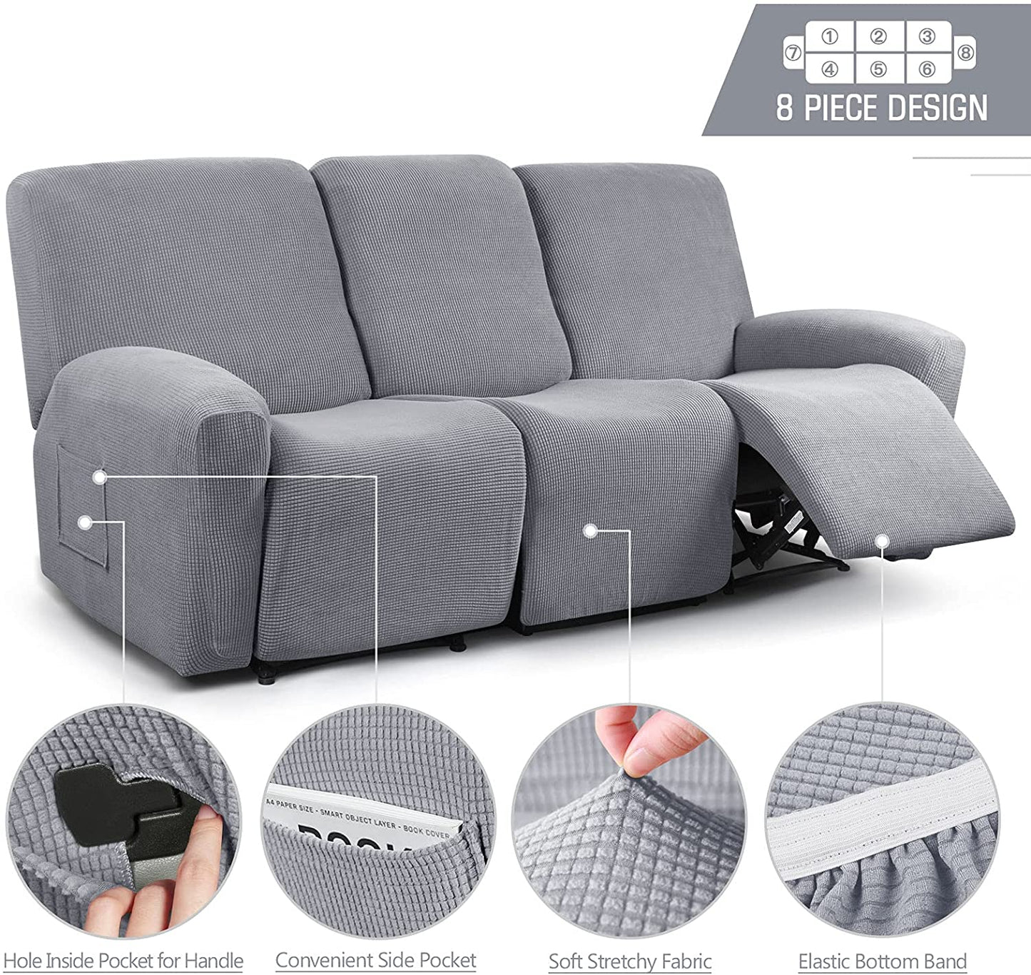 Recliner Sofa Covers Stretch for 1/2/3 Seats Jacquard Pattern Furniture Protector, Light Grey