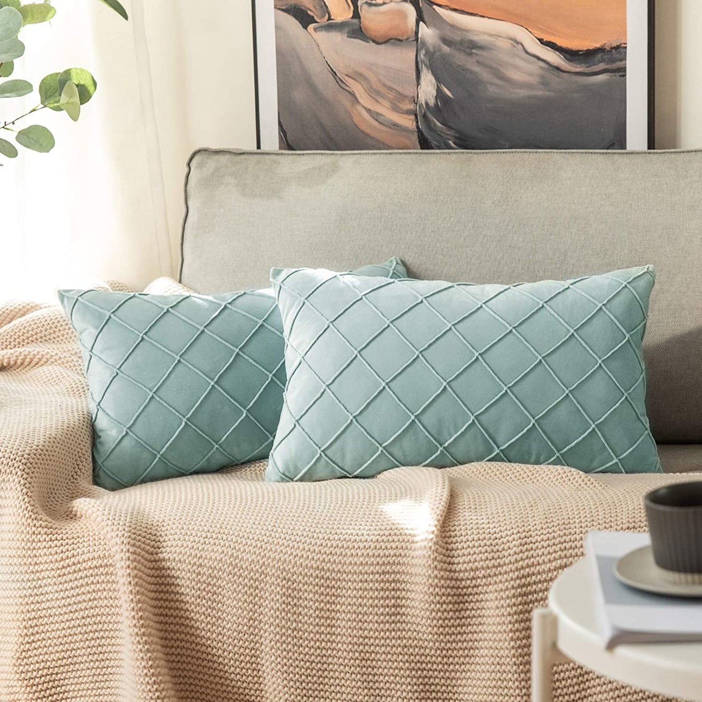 Velvet Throw Pillow Square Soft Couch Pillows Set of 2 (Inserts + Pillow Covers,Aqua Green)