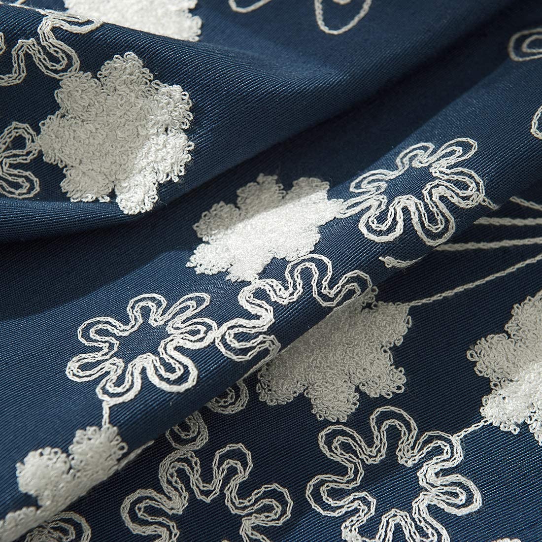 Floral Embroidered Farmhouse Tie Up Shade Curtain Rod Pocket 1 Piece, Navy