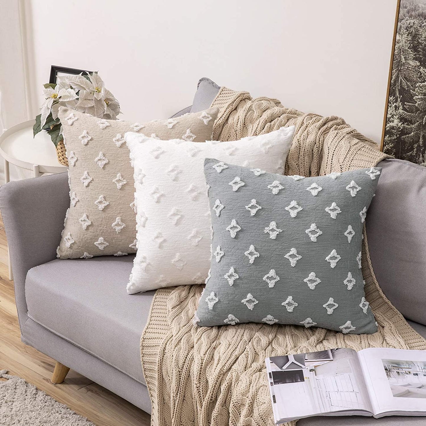 Velvet Throw Pillow Diamond Jacquard Soft Couch Pillows Set of 2 (Inserts + Pillow Covers, White)