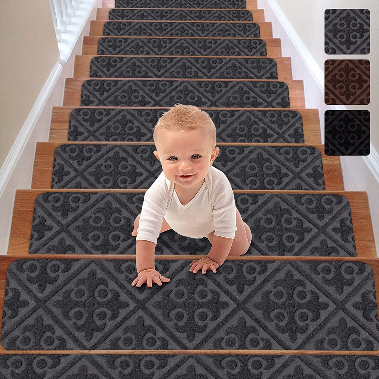 Stair Treads Carpet Non-Slip Indoor Stair Runners for Wooden Steps, Stair Rugs for Kids and Dogs, Set of 15, 8" X 30",Embossing Grey