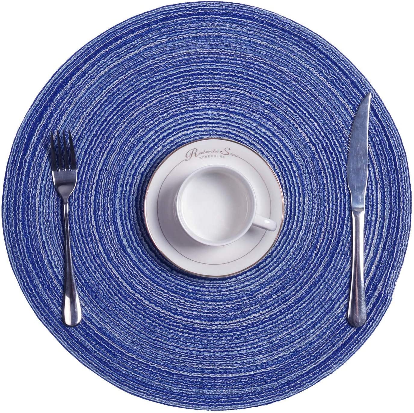 Round Placemats Set of 4/6/8 for Dining Tables 14 inch Cotton Braided Placemats Washable Reversible for Kitchen Holiday Party(Blue）