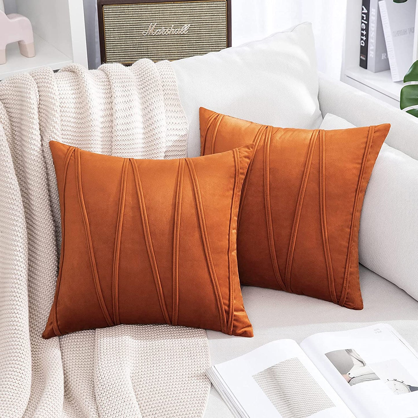 2x Velvet Throw Pillows for Couch Bed Sofa (Inserts + Pillow Covers,  Orange)